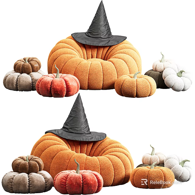 Pumpkin Shaped Decorative Pillows With Witch Hat And Various Colored Small Pumpkins 3d model 