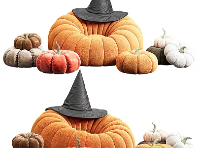 Pumpkin Shaped Decorative Pillows With Witch Hat And Various Colored Small Pumpkins 3d model