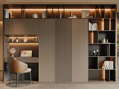 Modern Study Room Interior With Wooden Bookshelves LED Lighting Desk And Decorations 3d model
