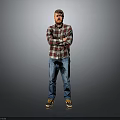 Man In Plaid Shirt Jeans And Sneakers Standing With Crossed Arms On Gray Background