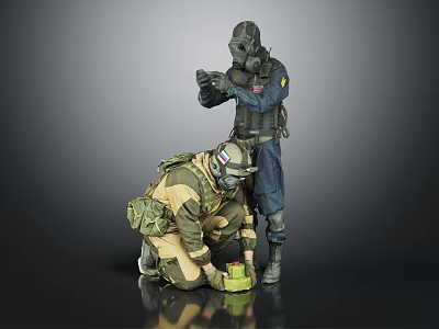 Two Hazmat-Clad Characters Standing And Crouching While Handling Green Biological Organism 3d model