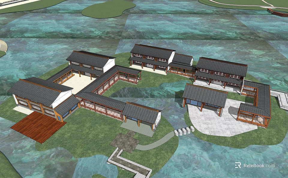 Ancient Architecture Complex Design With Courtyard Stone Paths Water And Greenery 3d model