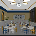 Vibrant Kindergarten Classroom Interior Featuring Colorful Tables Chairs Whiteboard Bookshelves Windows And Ceiling Decorations
