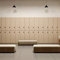 Spacious Modern Locker Room Interior With Wooden Lockers Benches And Washbasin