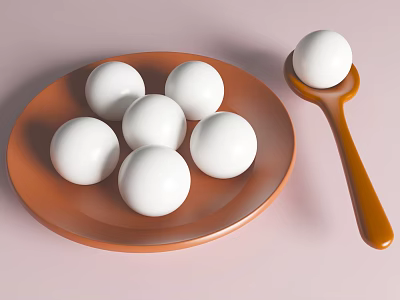 Tableware Set With Brown Plate Wooden Handle Spoon And White Balls Displayed 3d model