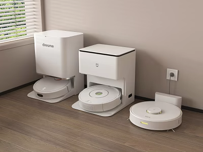 Smart Cleaning Machines Deebot White Robotic Vacuums With Docking Stations On Wooden Floor 3d model