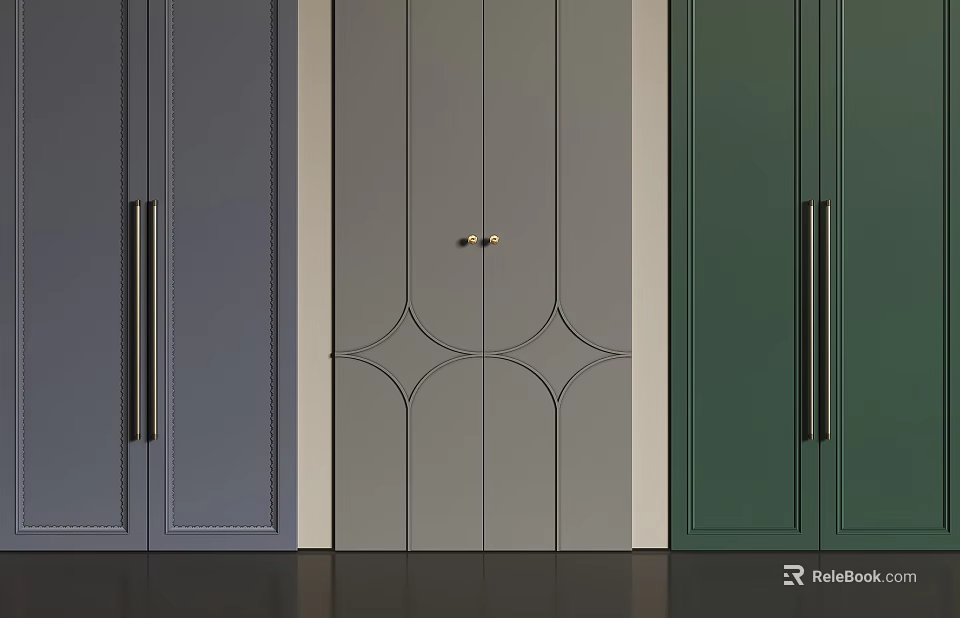 Modern Wardrobe Doors In Gray Beige Green With Metal Handles And Diamond Pattern 3d model 
