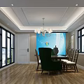 Modern Restaurant Interior With Chandelier Wooden Flooring Large Windows Dining Tables And Decorative Paintings