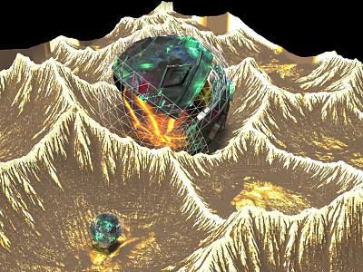 Art Installation Featuring Spherical Structure With Inner Glowing Flames Smaller Orb And Mountainous Terrain 3d model