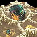 Art Installation Featuring Spherical Structure With Inner Glowing Flames Smaller Orb And Mountainous Terrain 3d model