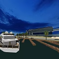 Scenic Coastal View With Modern Architecture Yacht Palm Trees And Dock Under Blue Sky