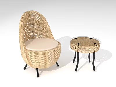 Woven Rattan Outdoor Chair with Cushioned Seat and Matching Side Table Black Legs 3d model