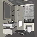 Modern Bathroom Interior With Glass Shower Enclosure Large Mirror And Marble Countertop