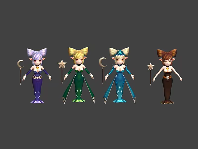 Game Fantasy Elf Characters With Colored Costumes And Star Moon Staffs 3d model