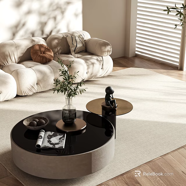 Modern Plush Sofa and Coffee Table Set With Decorative Pillows Green Plant and Sculpture 3d model 