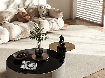 Modern Plush Sofa and Coffee Table Set With Decorative Pillows Green Plant and Sculpture 3d model