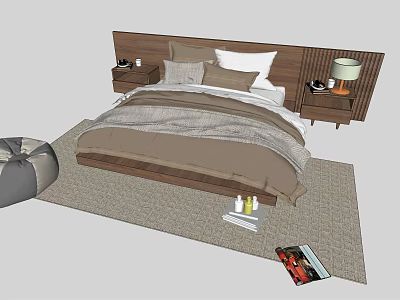 Modern Double Bed Interior With Wooden Headboard Pillows Nightstands Table Lamp And Rug 3d model