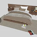 Modern Double Bed Interior With Wooden Headboard Pillows Nightstands Table Lamp And Rug