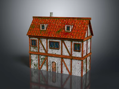 Cartoon House Scene With Red Roof White Walls Brown Wooden Frames Windows And Door 3d model
