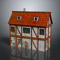 Cartoon House Scene With Red Roof White Walls Brown Wooden Frames Windows And Door