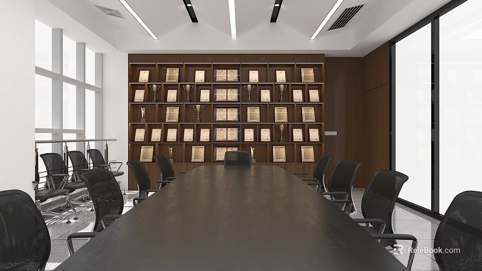 Conference Room Interior With Long Table Black Chairs Wooden Bookshelves And Lighting 3d model 