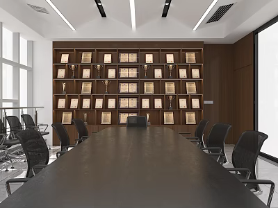 Conference Room Interior With Long Table Black Chairs Wooden Bookshelves And Lighting 3d model
