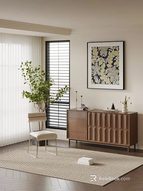 Modern Entryway Interior With Wooden Console Table Green Plant And Decorative Painting 3d model 