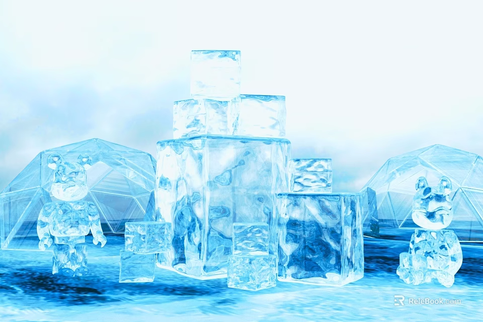 Ice Sculptures With Stacked Blocks Panda Figures And Igloos In Frozen Scene 3d model 