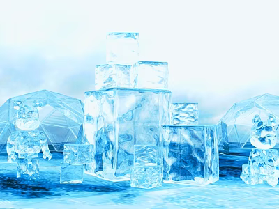 Ice Sculptures With Stacked Blocks Panda Figures And Igloos In Frozen Scene 3d model