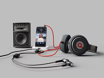 Modern Headphones And Speakers With Wired Connection And Smartphone Audio Setup 3d model