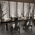 Modern Teahouse Interior Featuring Concrete Column Hanging Decor And Glass Walls