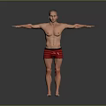 Bald Shirtless Man in Red Striped Shorts with Arms Outstretched Against Gray Background