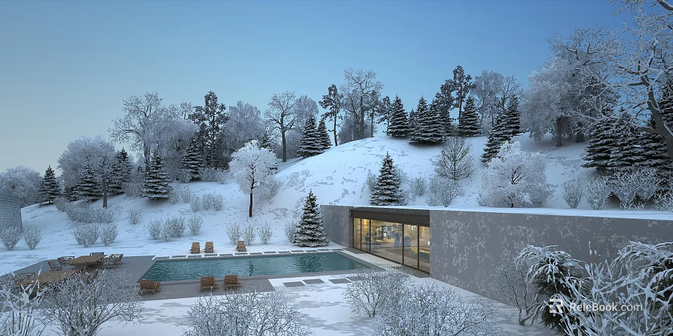 Snowy Winter Landscape With Modern Building Swimming Pool And Pine Trees 3d model 