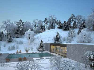 Snowy Winter Landscape With Modern Building Swimming Pool And Pine Trees 3d model