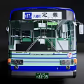 Classic Blue And White Striped Bus Exterior With Windows And Doors