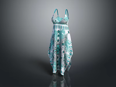 Fashionable Women's White And Teal Patterned Dress With Spaghetti Straps And Asymmetrical Hem 3d model