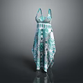 Fashionable Women's White And Teal Patterned Dress With Spaghetti Straps And Asymmetrical Hem