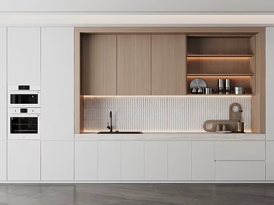 Modern Kitchen With White And Wood Cabinets Appliances Sink And Shelves 3d model