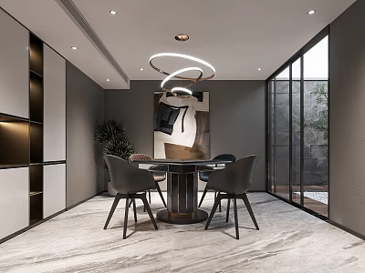 Hotel Mahjong Room Interior Design With Round Table Modern Chairs And Large Windows 3d model