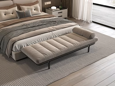 Modern Bedroom Interior With Cozy Bed Bench Decorative Pillows And Soft Rug 3d model