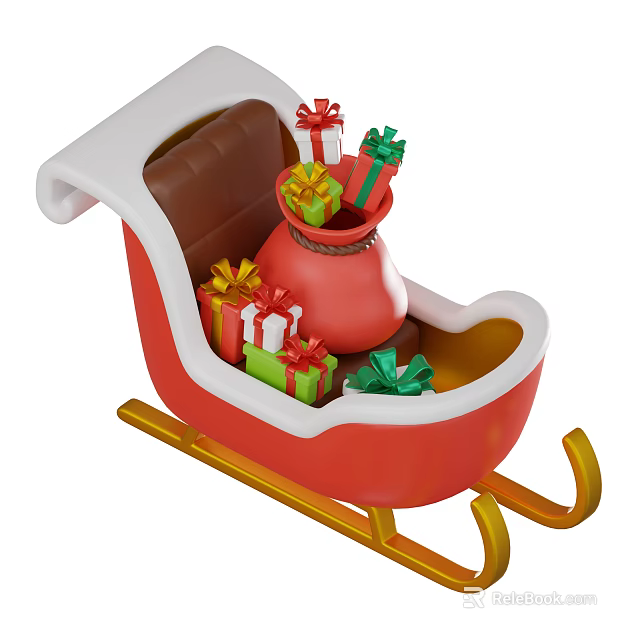 Christmas Sleigh Themed Decorative Ornament Set With Gift Bag And Colorful Present Boxes 3d model 