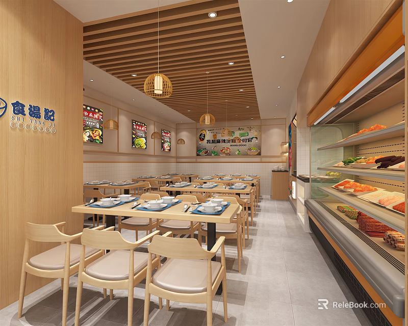 Modern Mall Restaurant Interior With Wooden Decor Tables Chairs Food Display Case And Hanging Lights 3d model 