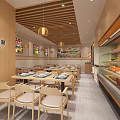 Modern Mall Restaurant Interior With Wooden Decor Tables Chairs Food Display Case And Hanging Lights