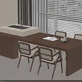 Modern Wooden Dining Table Set With Four Chairs And Light Cushions 3d model