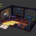 Cartoon Scene of Cozy Wooden Interior with Shelves Jars Mats Window Light and Green Plants