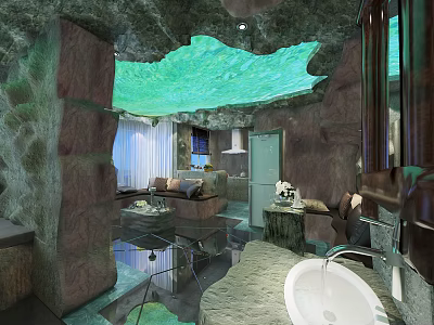 Natural Modern Living Room Interior With Rock Walls Green Ceiling And Glass Floor 3d model