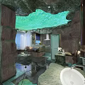 Natural Modern Living Room Interior With Rock Walls Green Ceiling And Glass Floor