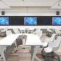 School Modern Classroom With White Desks Chairs Multiple Electronic Screens Wooden Floors Ceiling Lights Cameras