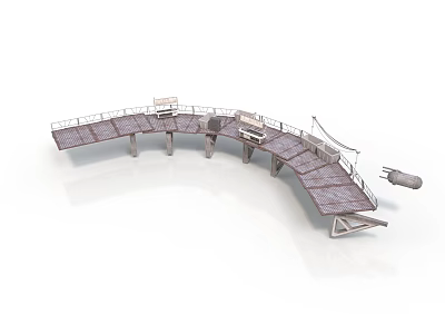 Industrial Equipment On Curved Metal Platform With Walkway And Railings 3d model