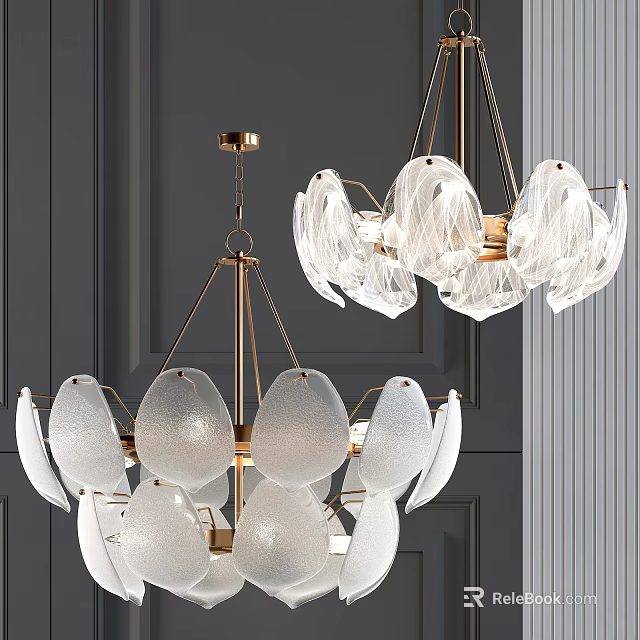 Modern Golden Frame Chandelier With Transparent Glass Petal Shades On Dark Wall 3d model 